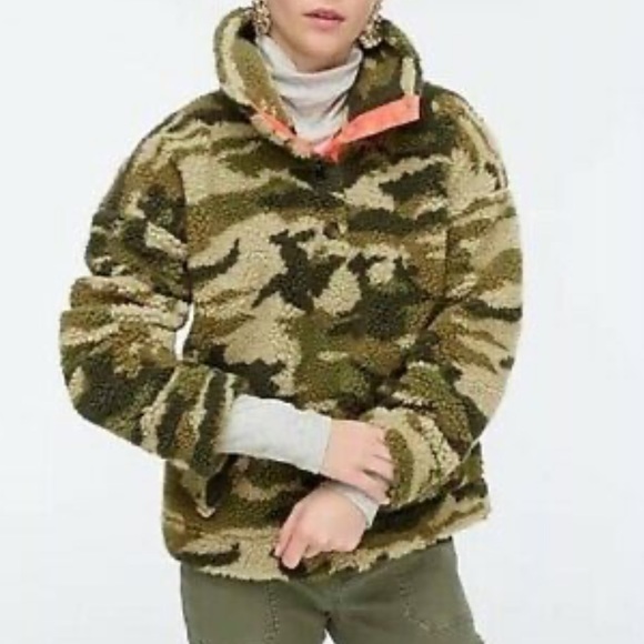 J. Crew Vintage Sherpa Fleece Pullover Jacket Camo Camouflage Olive Army Green - Picture 3 of 16
